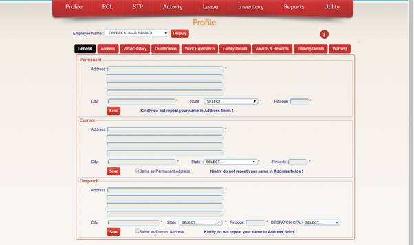 Above screen display permanent, current and Dispatchaddress of employee.